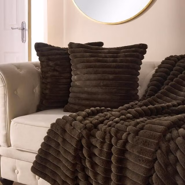 OHS Faux Fur Thick Ribbed Square Cushion Cover in Chocolate Brown, 45 cm