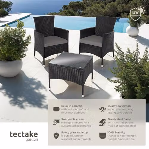 tectake Lucerne Rattan Garden Furniture Set in Black with Beige and Grey Cushions – 2
