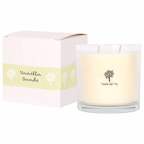 Nicola Spring Vanilla Sands Soy Wax Scented Candle, 400g, White and Sand Gourmand Fragrance in a Transparent Glass Jar