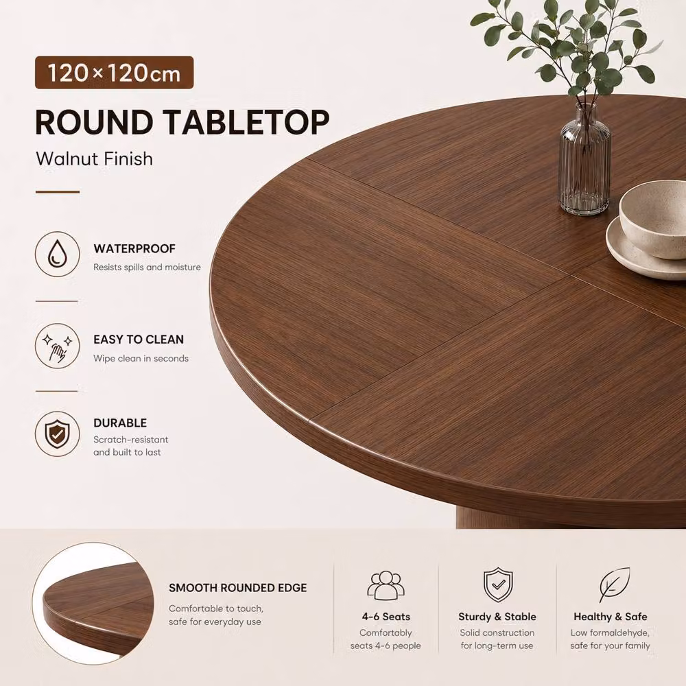 ModernLuxe Modern Round Dining Table in Brown Walnut, Diameter: 120 cm, Height: 75 cm – 5