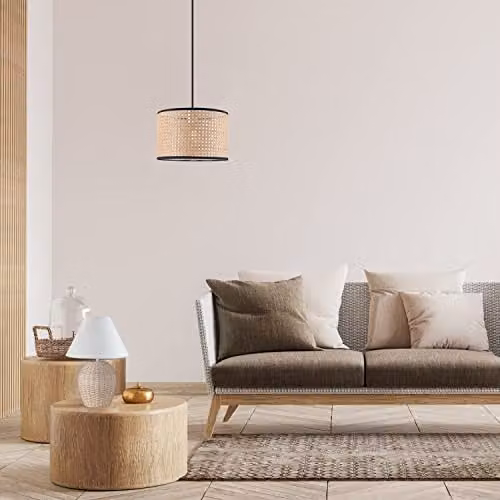 Happy Homewares Vintage Natural Wicker Rattan Drum Shaped Pendant Lamp Shade in Brown, Black and Beige, W/D/H: 20 x 20 x 30 cm – 3