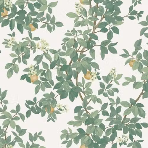Holden Decor Orange Tree Orchard Botanical Floral Wallpaper in Green and White
