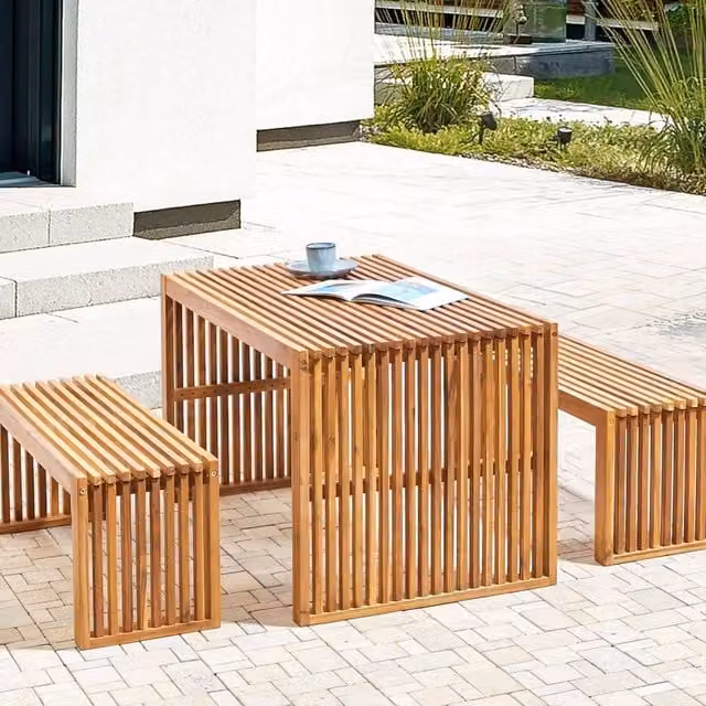 Wyld and Coco 3-Piece Acacia Wood Dining Set with Rectangular Table and 2 Benches in Brown – 1
