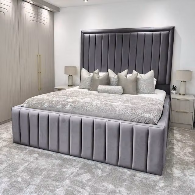 Living Comfort Bedz Hampton Upholstered Slatted Base Bed with Velvet Headboard in Grey, W/D/H: 140 x 200 cm – 1