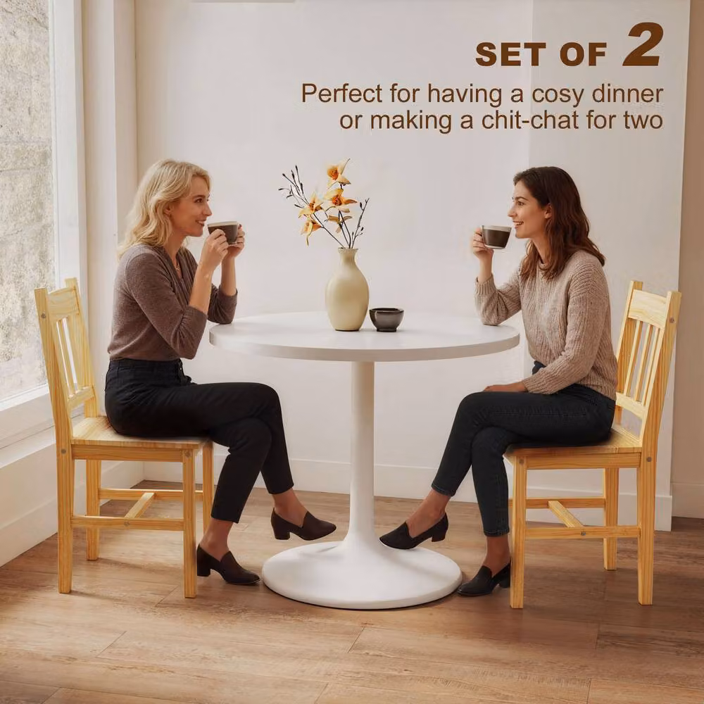 HOMCOM Set of 2 Rustic Pine Wood Dining Chairs in Natural Brown – 3