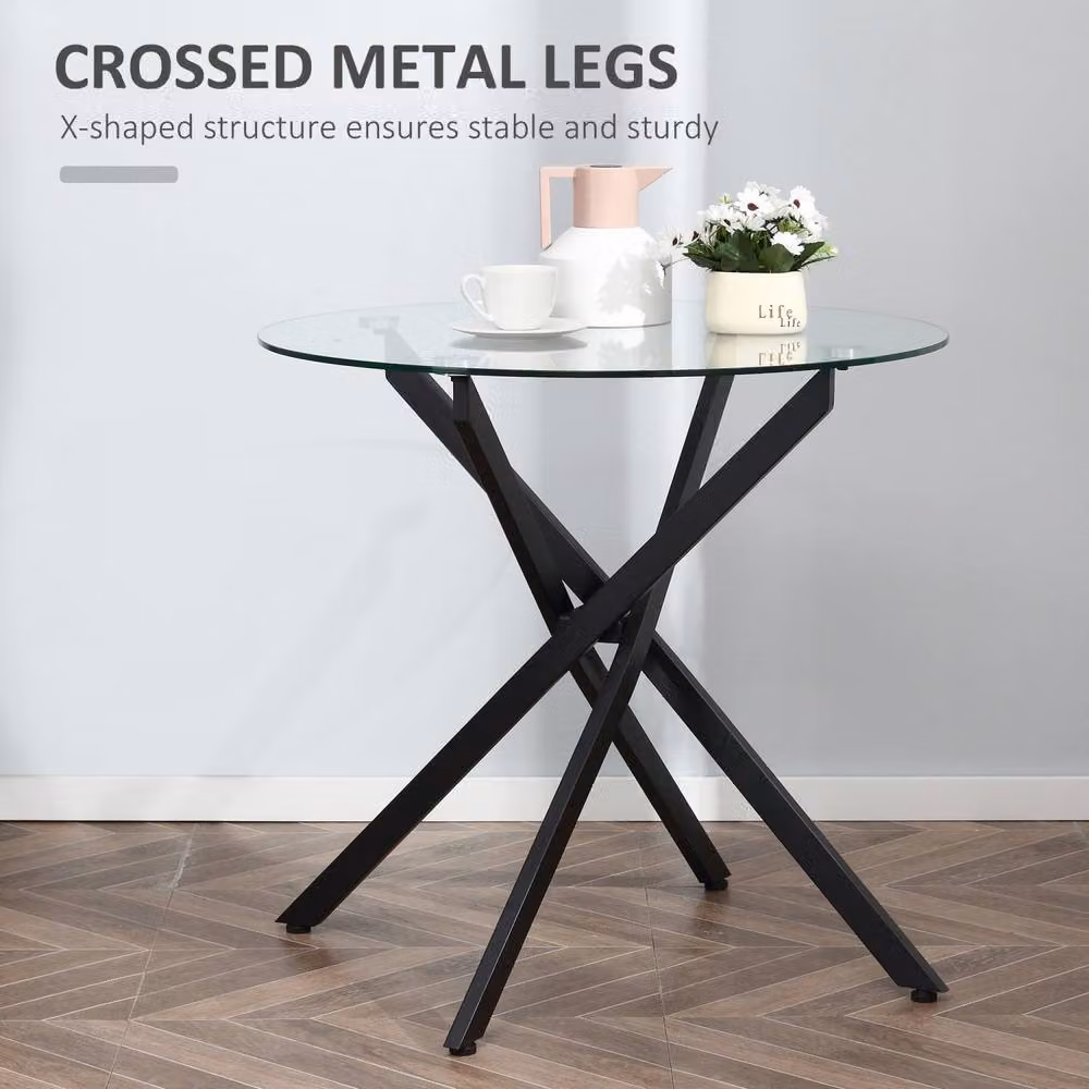 Wyld Haus Bama Round Dining Table with Transparent Glass Top and Black Metal X-Frame, Diameter: 80 cm – 4