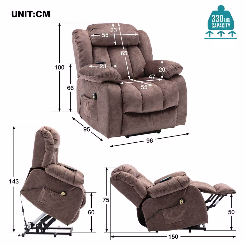 Matteo Power Lift Massage Recliner Armchair in Brown Velvet Fabric – 4