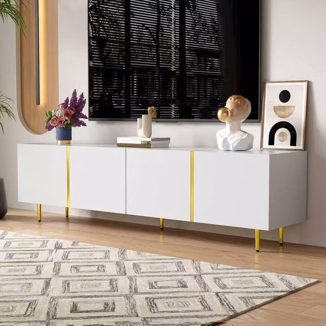 STILVORA Modern White High-Gloss TV Cabinet with 4 Doors and Gold Accents – 1