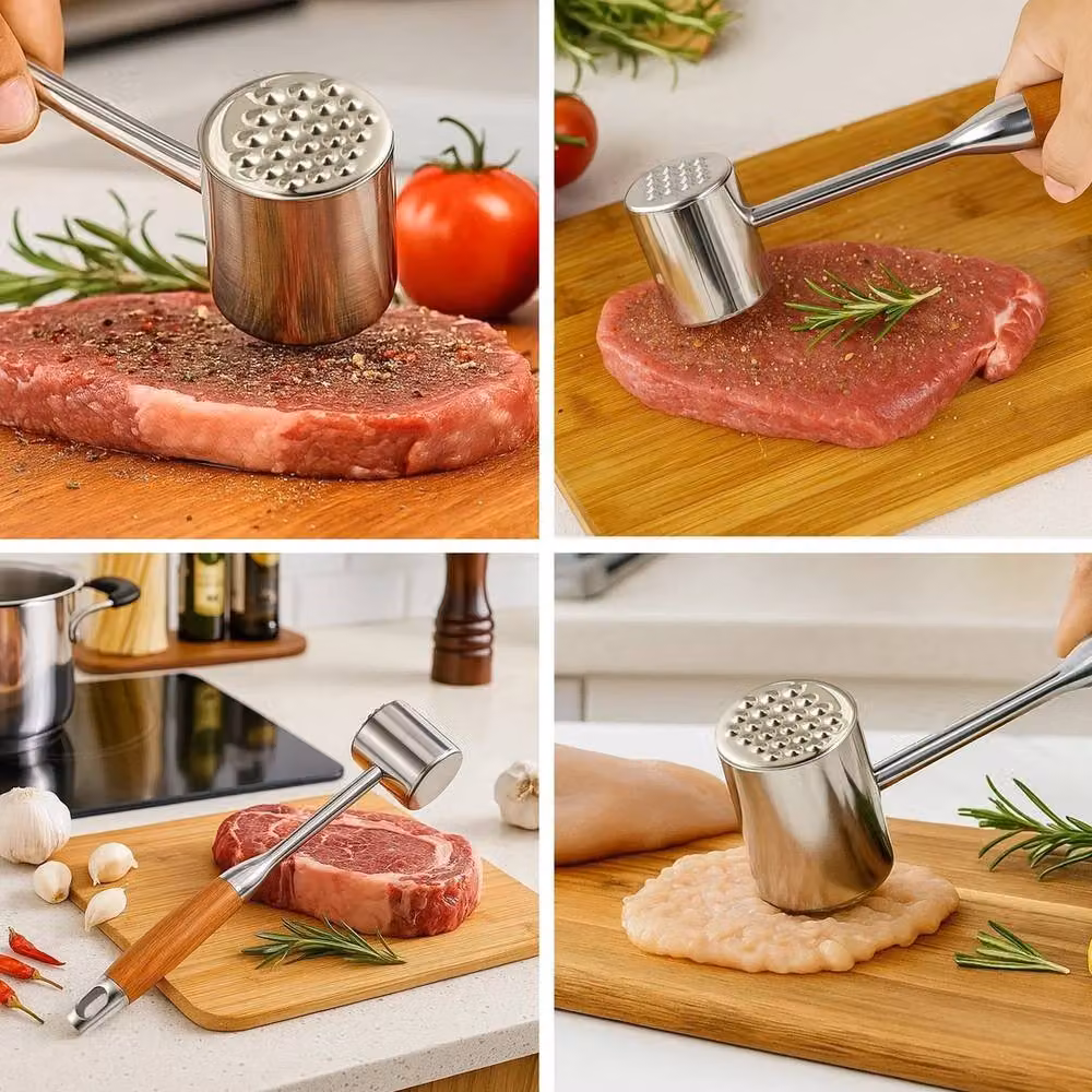 Havendro Stainless Steel Meat Tenderizer with Wooden Handle in Silver – 4