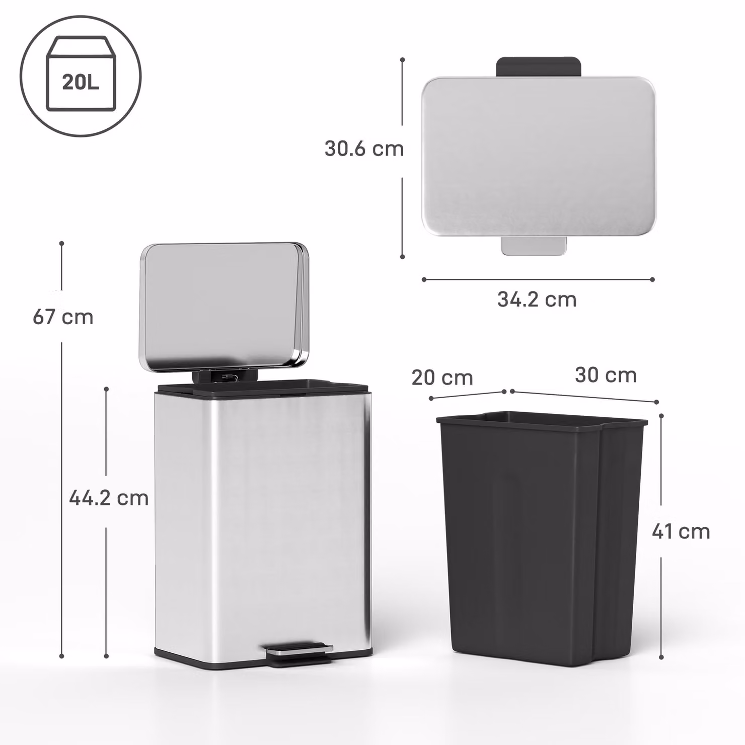 HOMCOM 20L Stainless Steel Pedal Kitchen Bin with Soft-Close Lid and Removable Inner Bucket, Silver Tone – 3