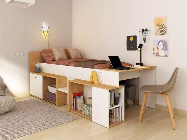Vente-unique Single Combined Bed with Desk and Storage in White and Black, W/D/H: 200 x 90 x 117.6 cm