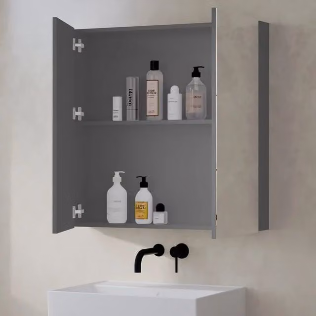Banyetti Lavio Grey Wall Mounted Mirror Cabinet with Soft Close Hinged Doors, W/D/H: 80 x 14 x 80 cm