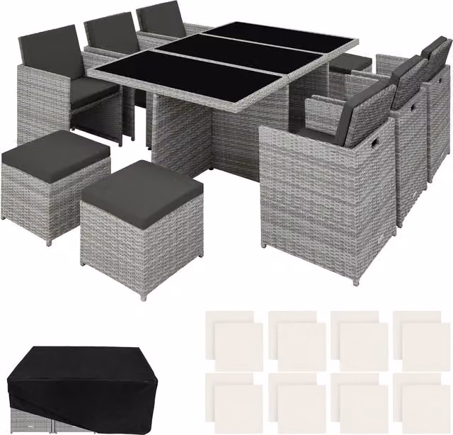 tectake Modern New York Rattan Garden Furniture Set with Glass Top and Protective Cover in Grey and Beige