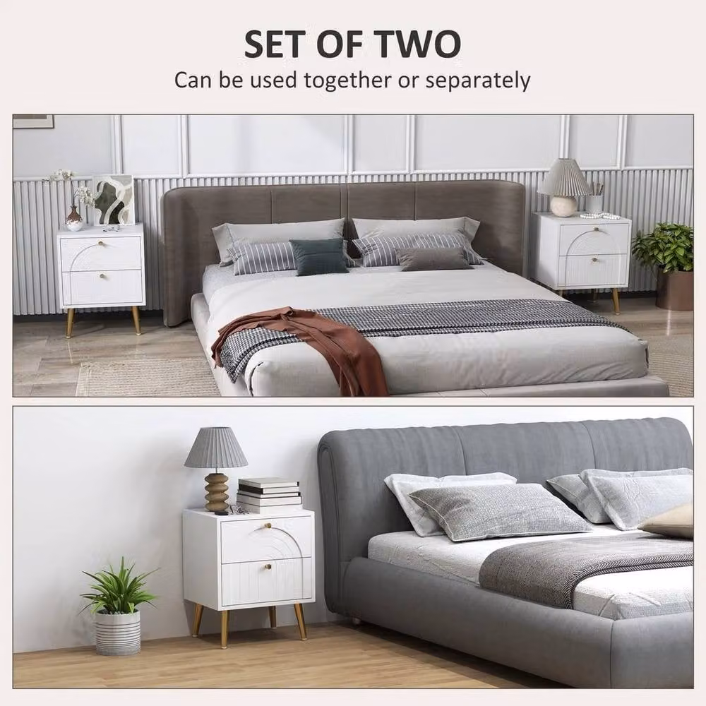 KORVIXA 2-Piece Modern Bedside Tables Set with 2 Drawers in White and Gold – 2