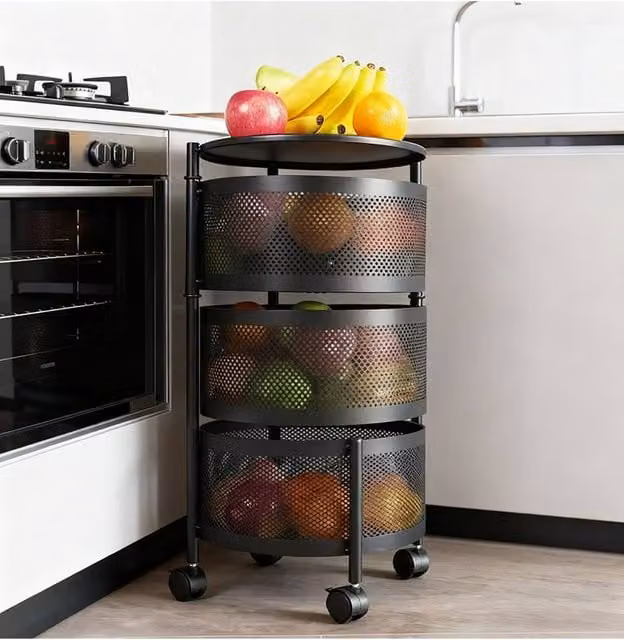Living and Home XL Kitchen Storage Organiser with Rotating Metal Baskets and Castors in Matt Jet Black