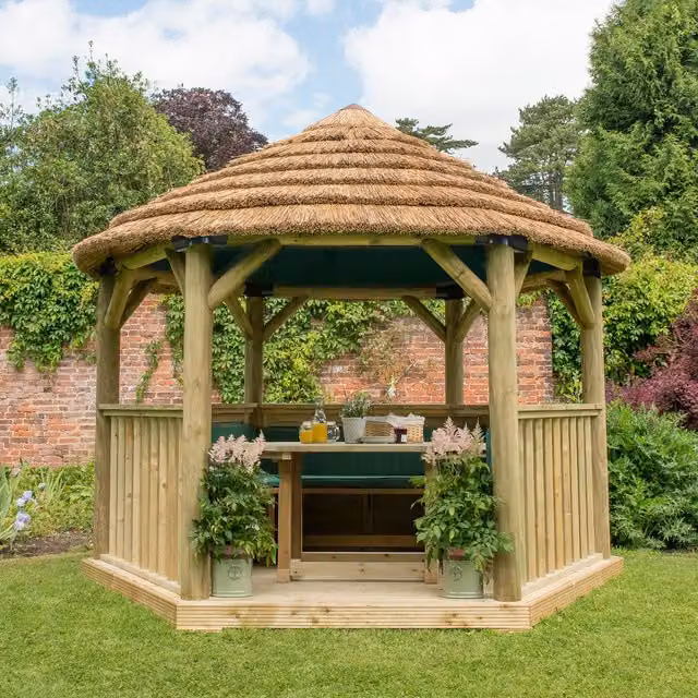 Forest Green Hexagonal Garden Gazebo with Rustic Thatched Reed Roof and Pine and Steel Frame, 3.6 m