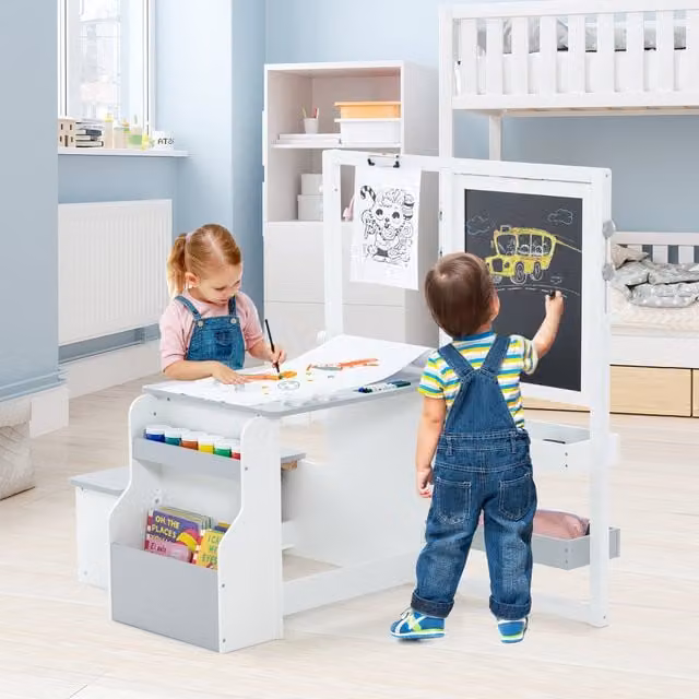 Costway Kids Art Easel Table and Bench Set in Grey and White