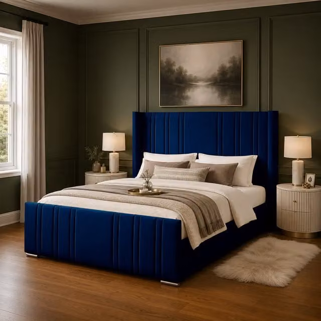 Desire Deco Gerald Luxury Upholstered Wingback Bed Frame in Blue Velvet