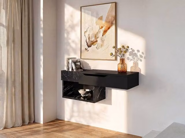 Vente-unique Hanging Console with 1 Drawer and 2 Niches in Black Marble Effect, W/D/H: 90 x 29.6 x 33.2 cm – 1