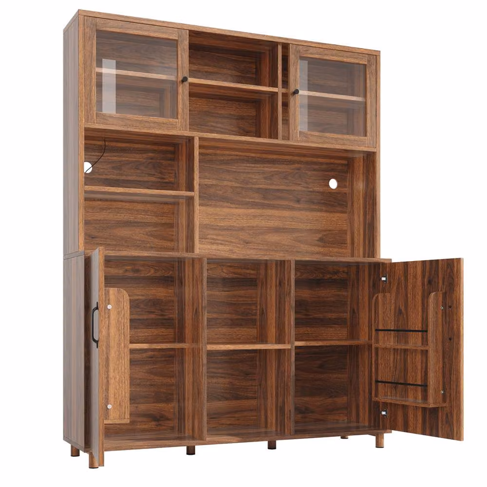 BTM Modern Tall Kitchen Sideboard in Brown with LED Lighting and Glass Doors, W/D/H: 140 x 40 x 185 cm – 4