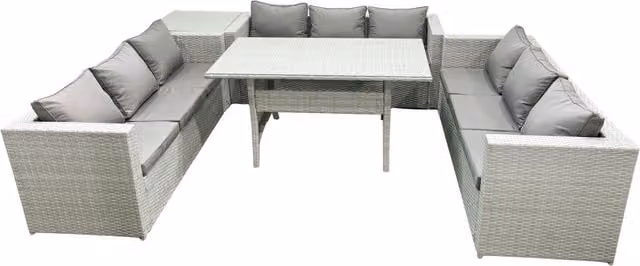 Fimous 9 Seater Rattan Garden Furniture Set with Rectangular Dining Table and Side Table in Light Grey – 1