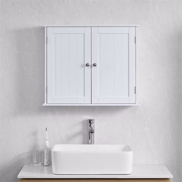 FORGEVIO Modern White Wall-Mounted Bathroom Cabinet with 2 Hinged Doors and Internal Shelves
