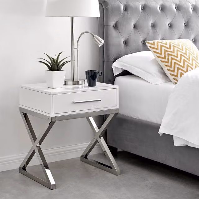FurnitureboxUK Oxford White Gloss and Chrome Bedside Table