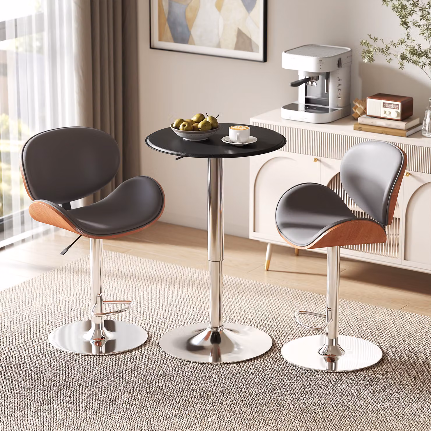 HOMCOM Adjustable Round Bistro Bar Table with Black PVC Leather Top and Steel Base – 2