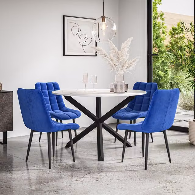 More4Homes Malvern Round Dining Table and Set of 4 Nova Blue Velvet Chairs with Marble Top and Black Oak Legs, Diameter: 120 cm, Height: 75 cm