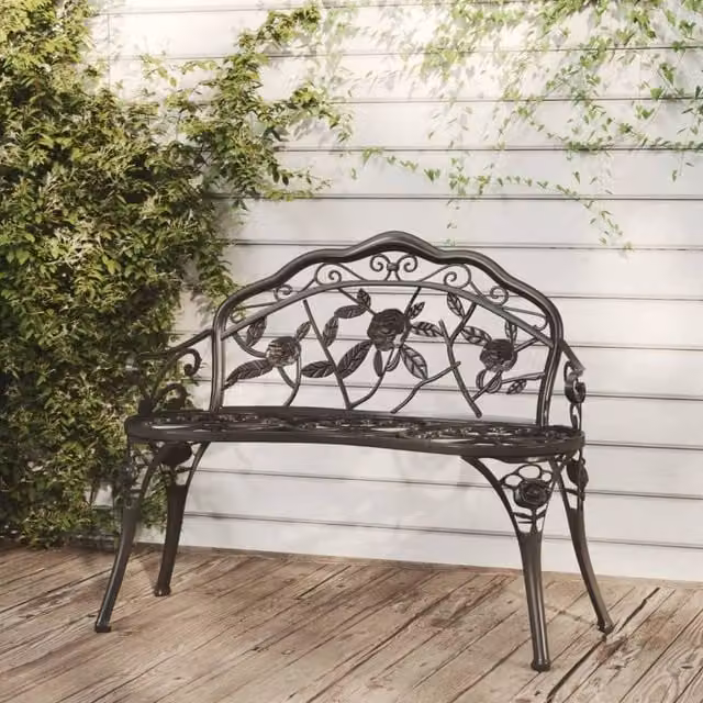 Berkfield Home Floral Cast Aluminium Garden Bench in Matt Black, Width: 100 cm – 1