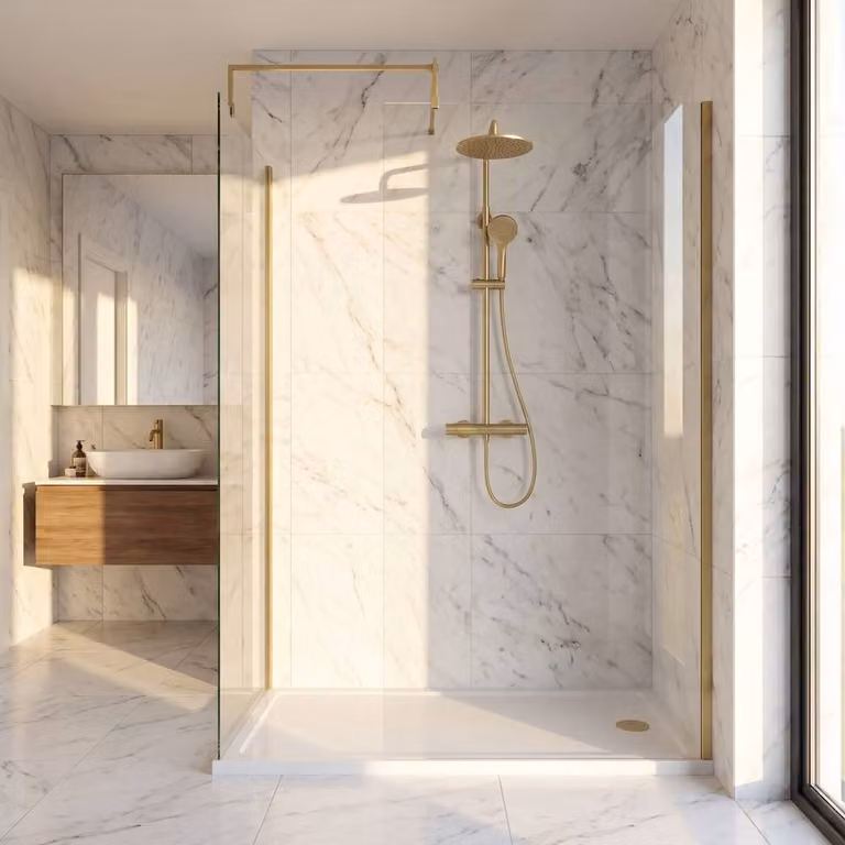 Balterley Walk-In Wetroom Bundle in Brushed Brass with Rectangular Transparent Glass, W: 170 cm, D: 70 cm