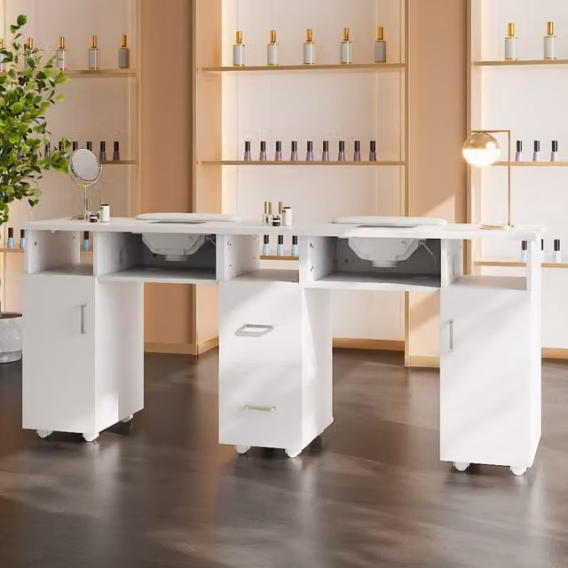 Livingandhome Mobile Double Manicure Table with Dust Collectors and Drawers in White