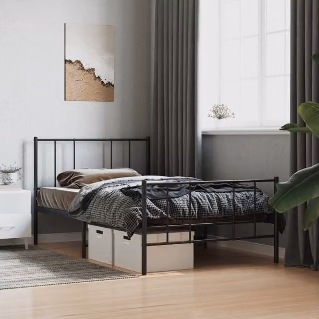 Berkfield Home Metal Bed Frame with Headboard and Footboard, Black, W/D/H: 100 x 190 cm