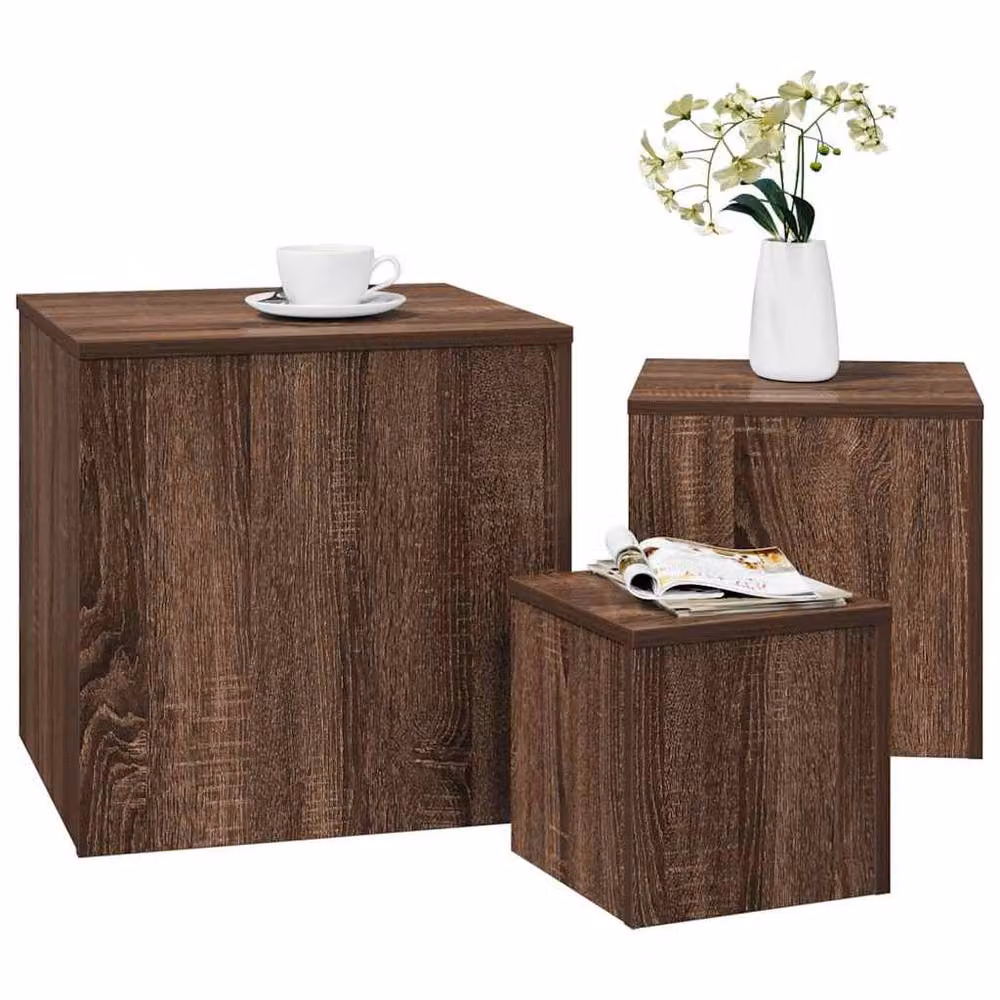 Berkfield Home Set of 3 Classic Square Nested Side Tables in Brown Oak MDF – 3