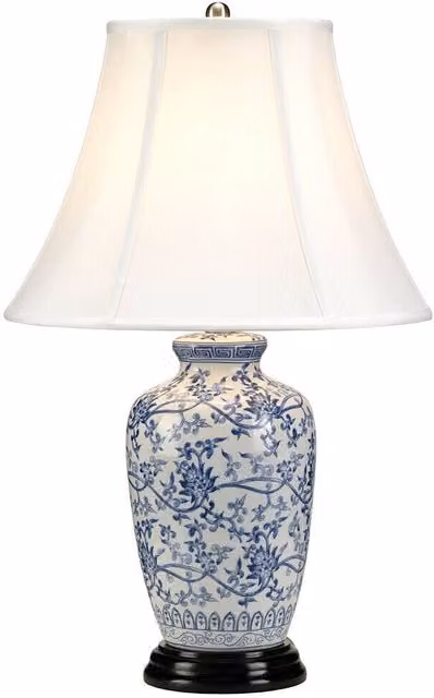 Loops Table Lamp with Blue and White Ceramic Shade and Wooden Base, E27 60W LED Compatible