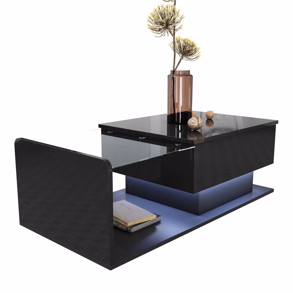 STILVORA Modern Black Rectangular Coffee Table with Lift-Top and Glass Top – 4