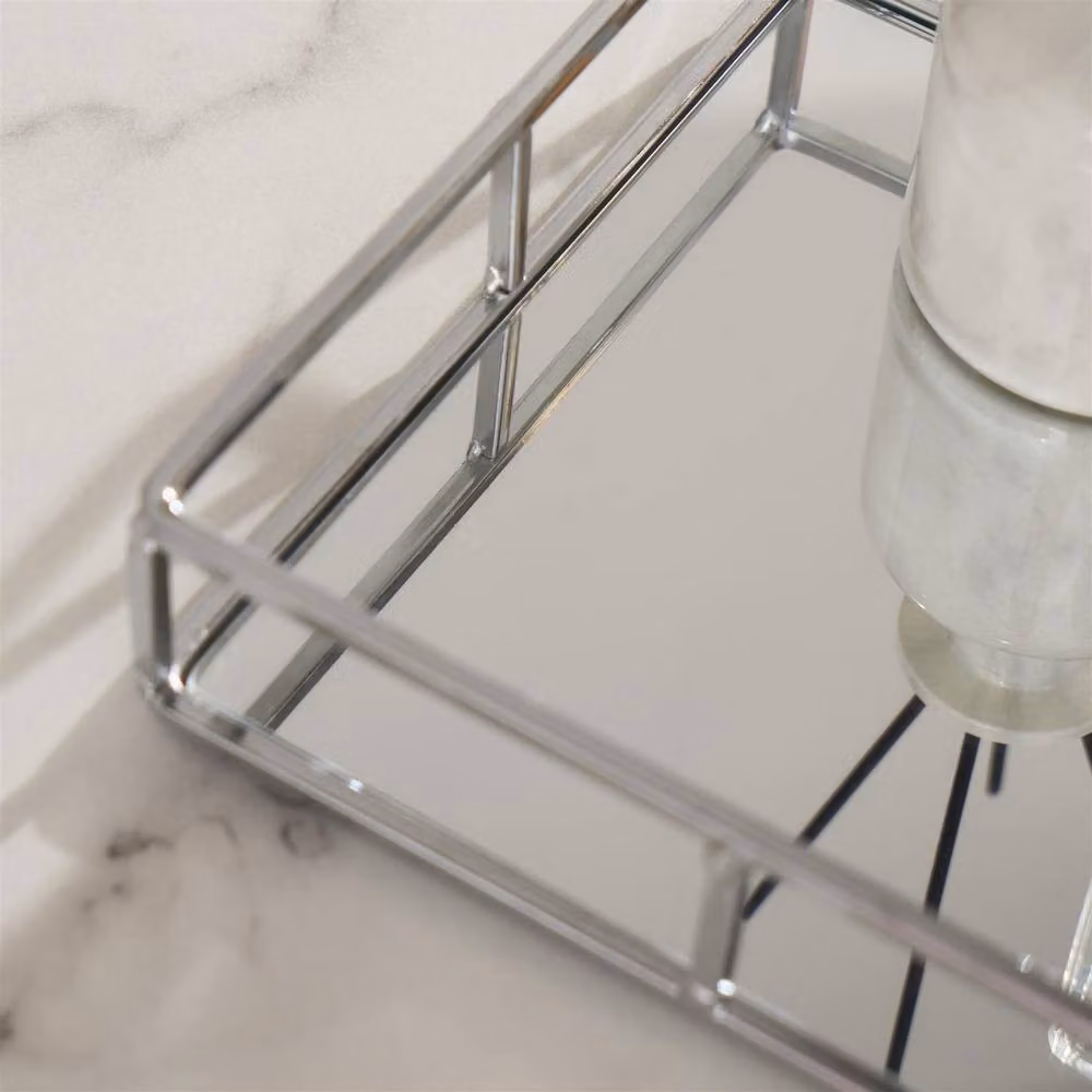 OHS Modern Square Mirrored Storage Tray with Metal Frame in Silver, W: 21 cm – 2