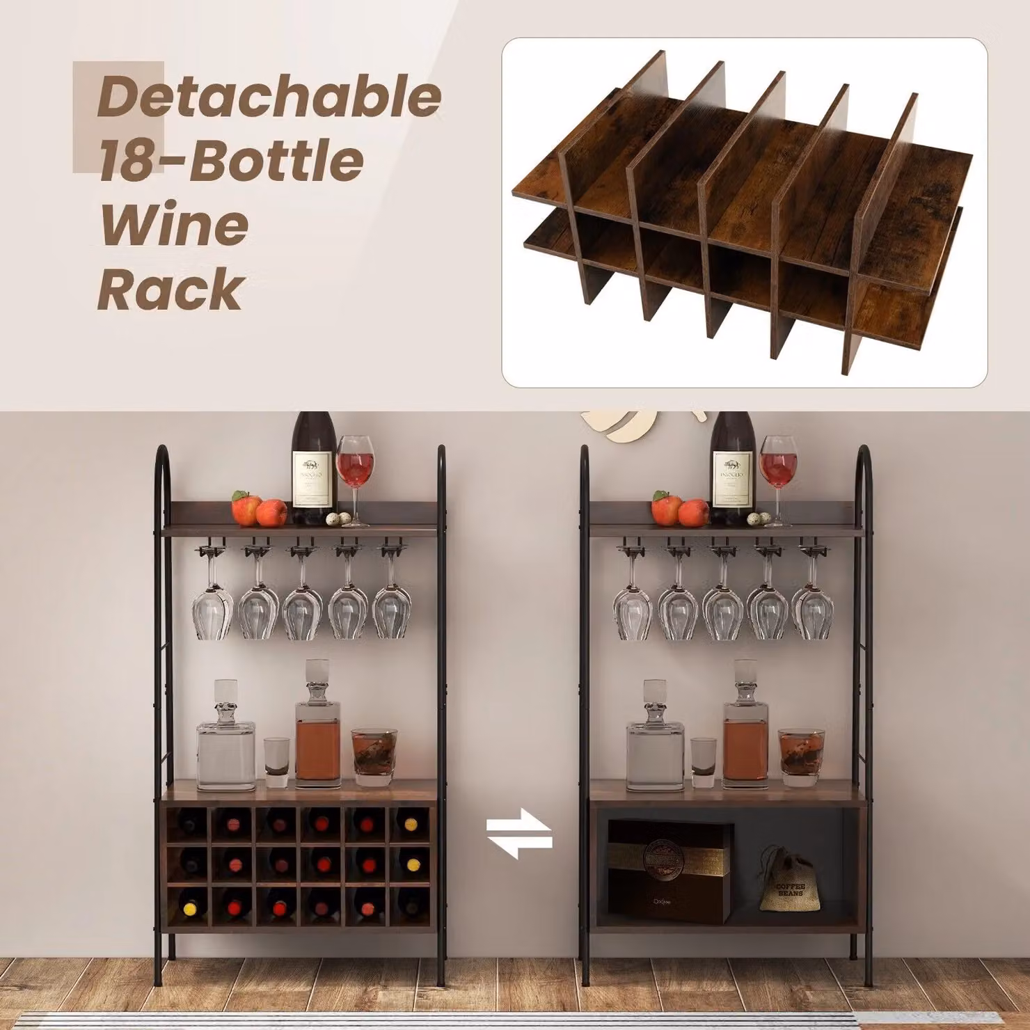Costway Industrial Detachable Wine Bar Storage Sideboard, Freestanding Brown Cabinet with Metal and Glass Details – 4