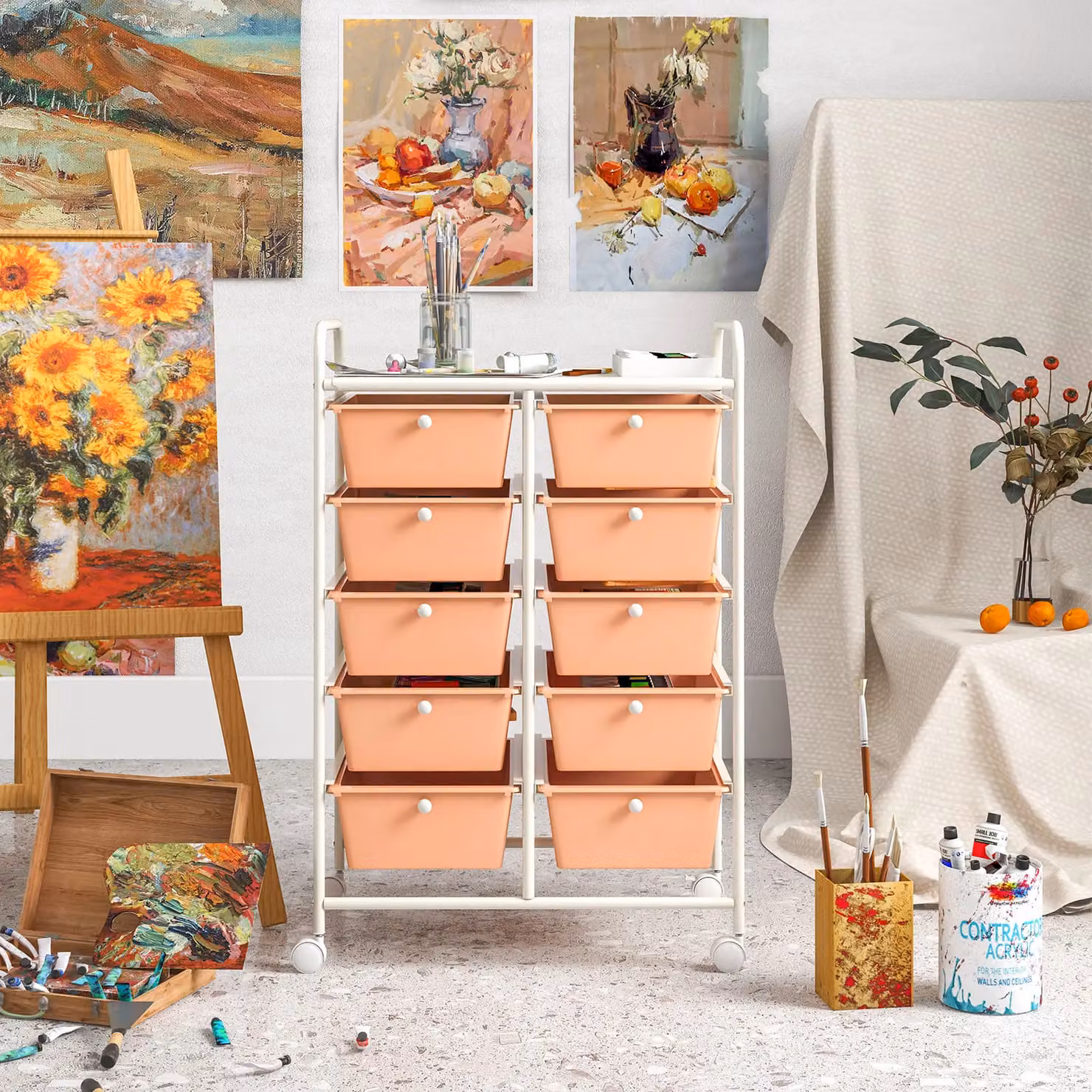 Gymax 10-Drawer Rolling Storage Cart with Universal Wheels and Handle in Peach – 2