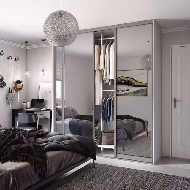 Spacepro Classic Mirror Sliding Wardrobe Door Kit in Pebble, H 221.6 cm x W 76.2 cm