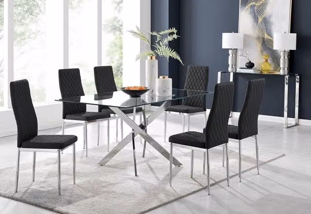 FurnitureboxUK Leonardo Glass and Chrome Metal Dining Set with Rectangular Table and 6 Milan Chairs in Black and Transparent – 1