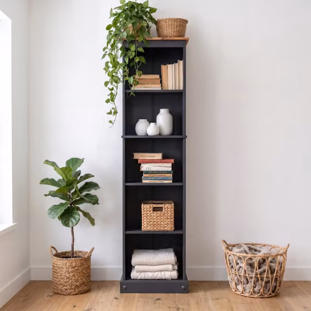 Mercers Furniture Corona Tall Narrow Bookcase in Charcoal Grey Rustic Pine