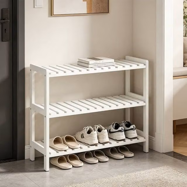 ERGOVEXA Chic 3-Tier White Wooden Shoe Rack with Slatted Shelves – 1