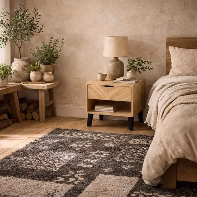 Wyld Haus Skerries Chevron 1 Drawer Bedside Cabinet in Natural Sonoma Oak, W/D/H: 39 x 40 x 50 cm