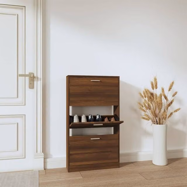 Berkfield Home Modern Oak Shoe Cabinet in Brown, W/D/H: 59 x 17 x 108 cm