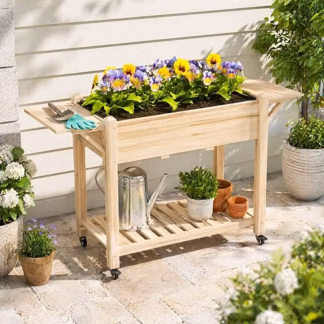 STILVORA Natural Wooden Raised Planter with Shelves and Wheels, Height: 145 cm – 1