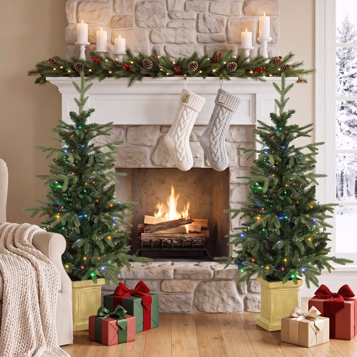 HOMCOM Set of 2 Green 4ft Artificial Aspen Fir Christmas Trees with Multicolour LED Lights and Remote Control – 2