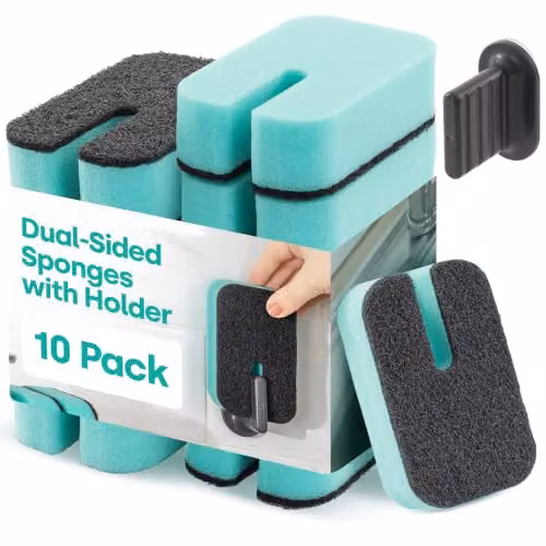 LIVIVO Pack of 10 Dual-Sided Washing Up Sponges with Blue Suction Holder – 1