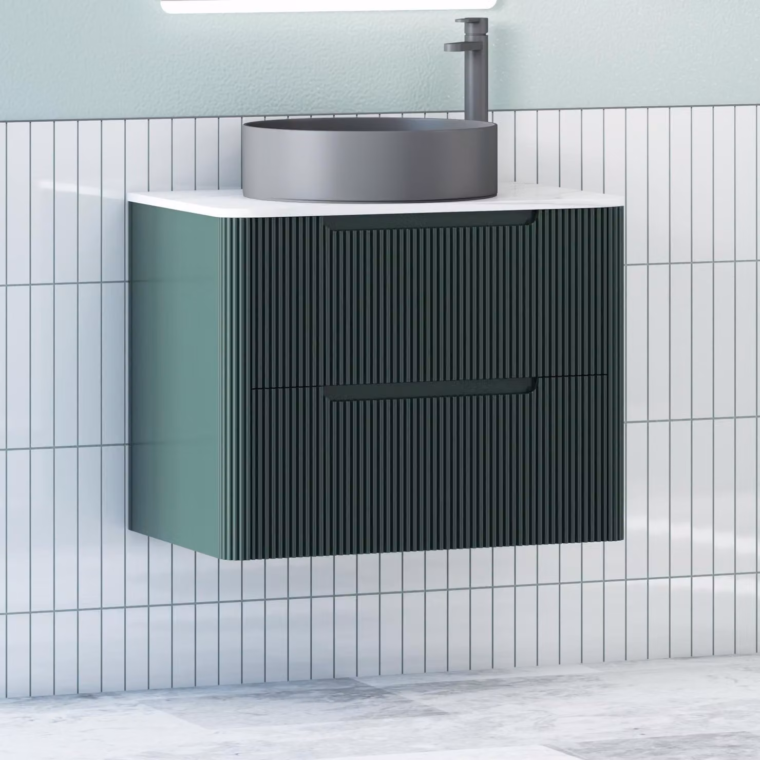 Royal Bathrooms Avenza Wall Hung Vanity Unit in Moss Green with 2 Drawers and Black Art Round Basin