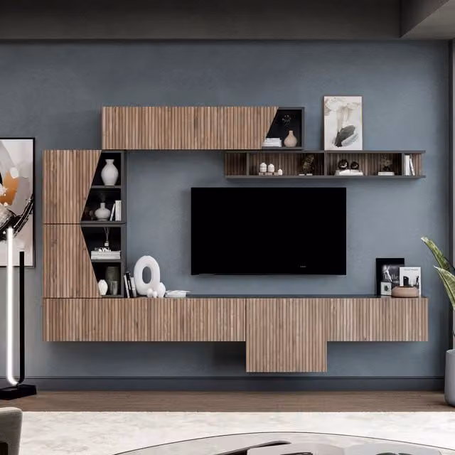 Decorotika Cruz Modern Wall Mounted Entertainment Center in Black with Geometric Alina Pattern